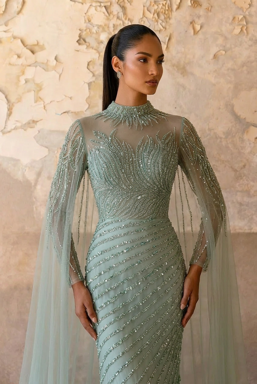 Elegant Mint Green Sequin Evening Gown and Pretty Sequin Dress - Embellished High Neck Dress with Flowing Sleeves Plus Size