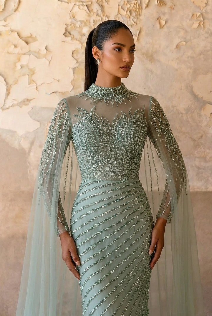Elegant Mint Green Sequin Evening Gown and Pretty Sequin Dress - Embellished High Neck Dress with Flowing Sleeves Plus Size
