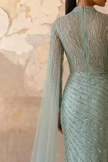 Elegant Mint Green Sequin Evening Gown and Pretty Sequin Dress - Embellished High Neck Dress with Flowing Sleeves Plus Size