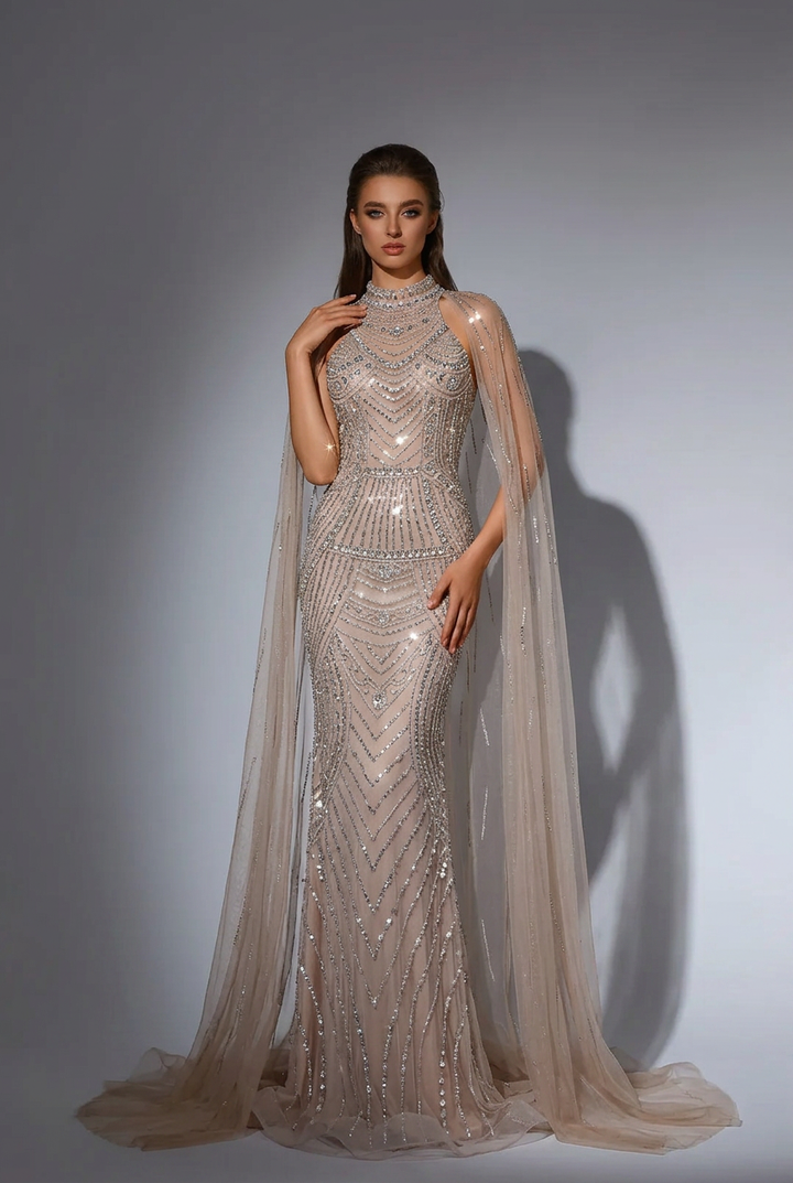 Champagne Crystal Beaded Cape Gown with Illusion High Neck Mermaid Silhouette Luxe Couture Evening Dress Plus Size