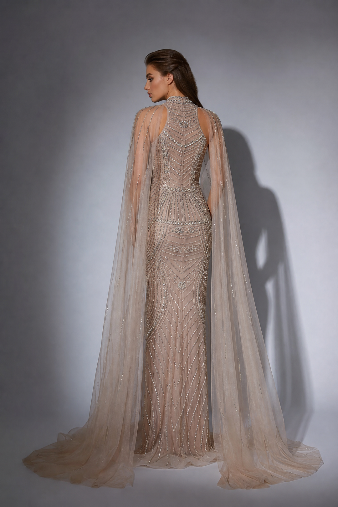 Champagne Crystal Beaded Cape Gown with Illusion High Neck Mermaid Silhouette Luxe Couture Evening Dress Plus Size