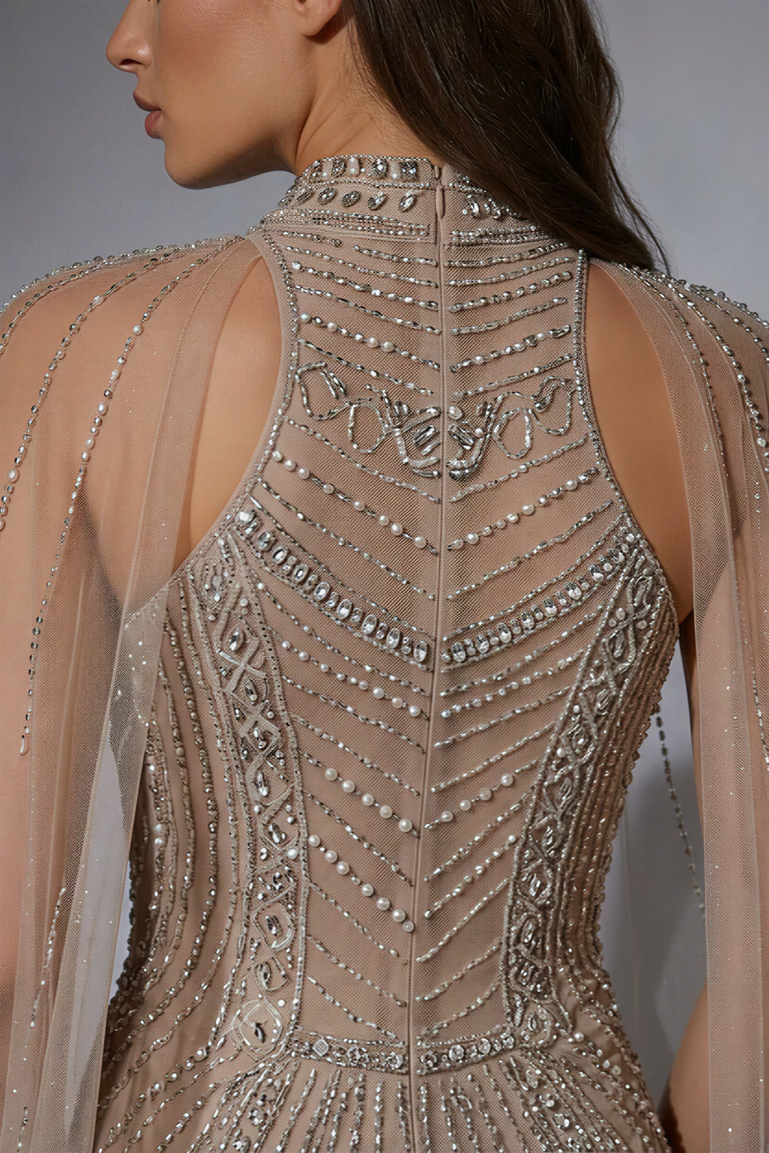Champagne Crystal Beaded Cape Gown with Illusion High Neck Mermaid Silhouette Luxe Couture Evening Dress Plus Size