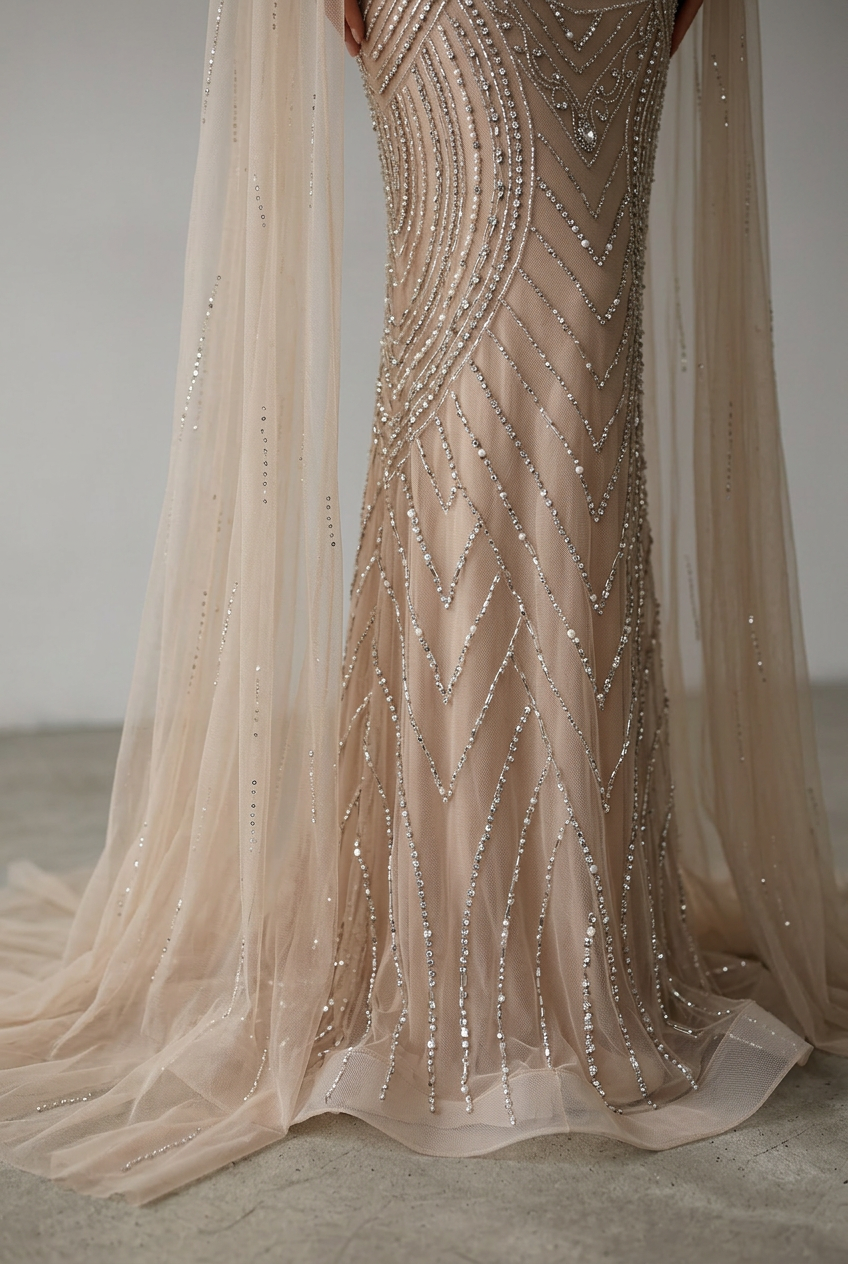 Champagne Crystal Beaded Cape Gown with Illusion High Neck Mermaid Silhouette Luxe Couture Evening Dress Plus Size