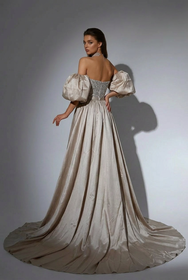 Elegant Nude Sequin and Satin Evening Gown - Strapless Glitter Dress and Pretty Sequin Dress with Dramatic Sleeves Plus Size