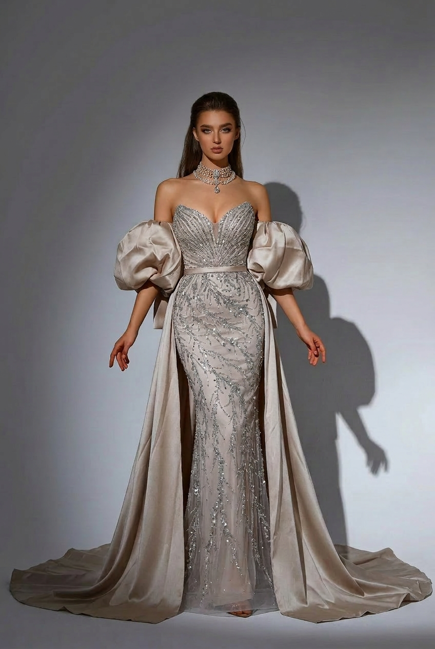 Elegant Nude Sequin and Satin Evening Gown - Strapless Glitter Dress a WonderlandByLilian Elegant Nude Sequin and Satin Evening Gown - Strapless Glitter Dress a WonderlandByLilian