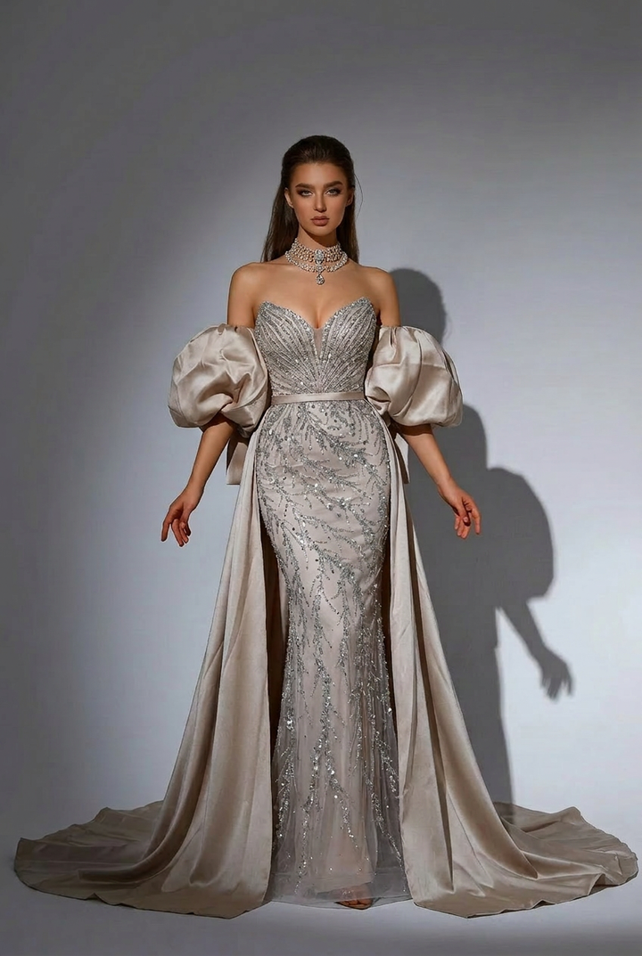 Elegant Nude Sequin and Satin Evening Gown - Strapless Glitter Dress and Pretty Sequin Dress with Dramatic Sleeves Plus Size