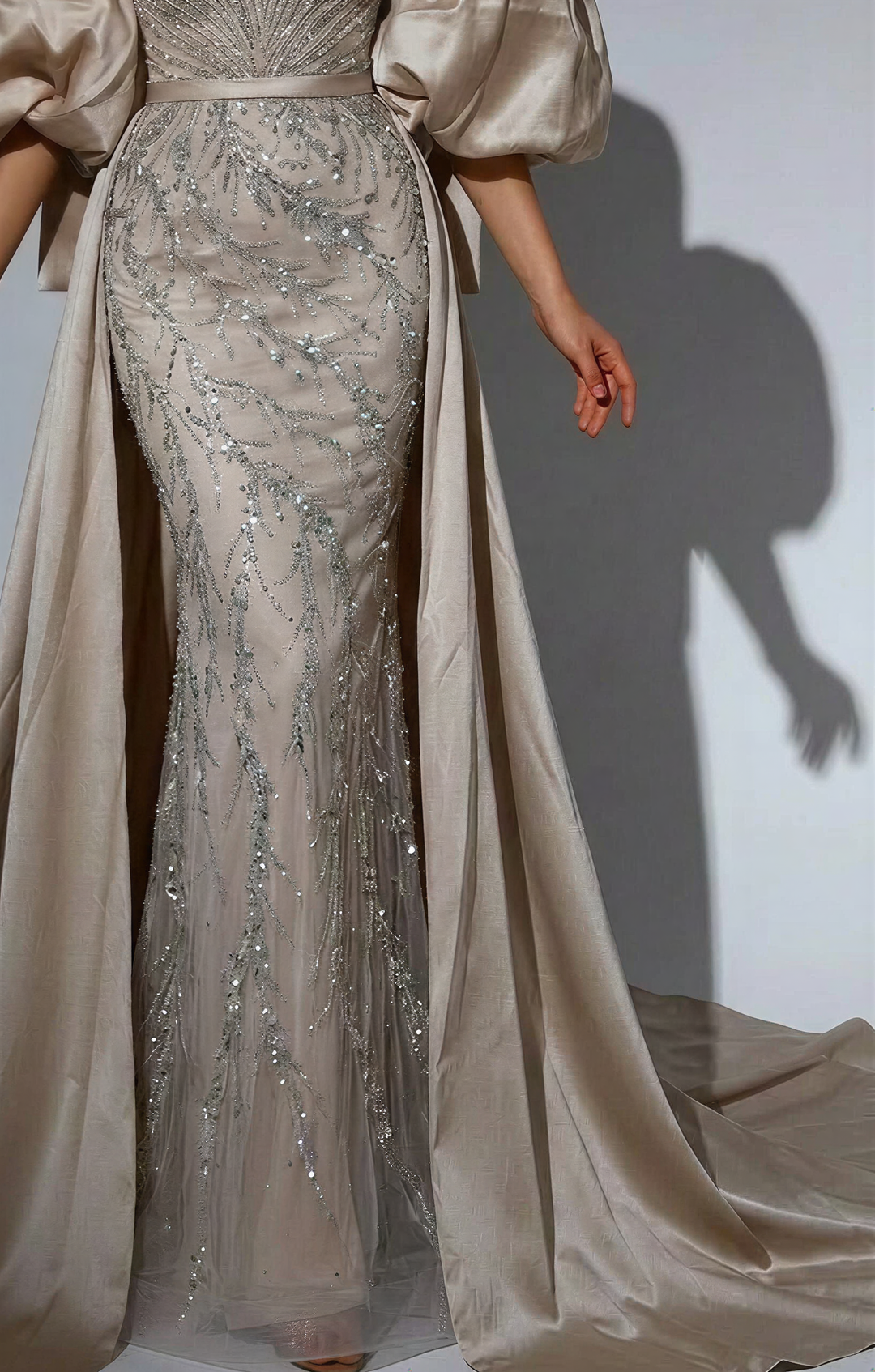 Elegant Nude Sequin and Satin Evening Gown - Strapless Glitter Dress and Pretty Sequin Dress with Dramatic Sleeves Plus Size