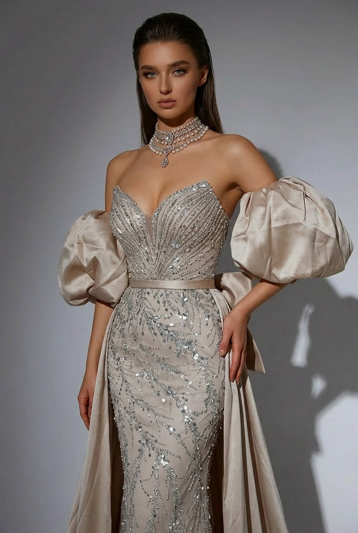 Elegant Nude Sequin and Satin Evening Gown - Strapless Glitter Dress and Pretty Sequin Dress with Dramatic Sleeves Plus Size