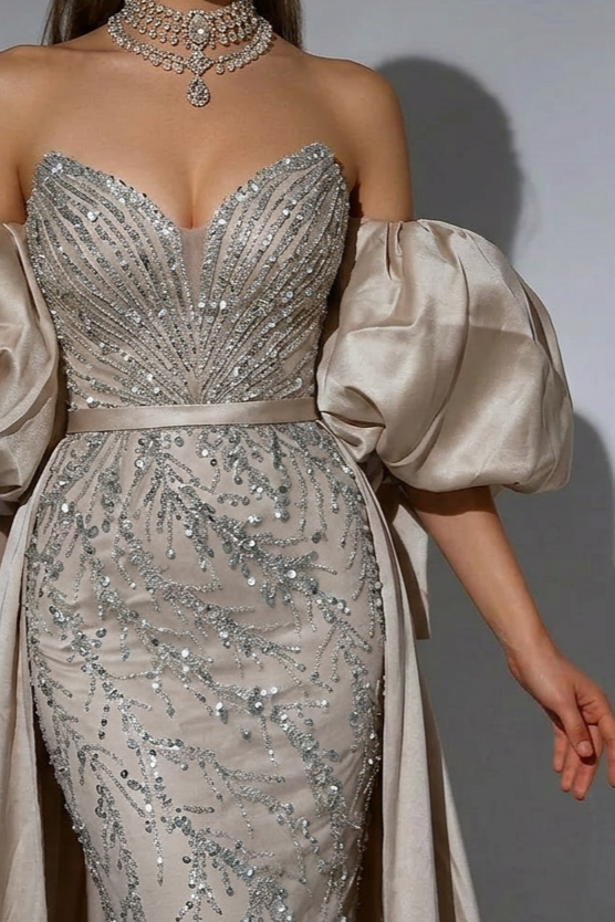 Elegant Nude Sequin and Satin Evening Gown - Strapless Glitter Dress and Pretty Sequin Dress with Dramatic Sleeves Plus Size