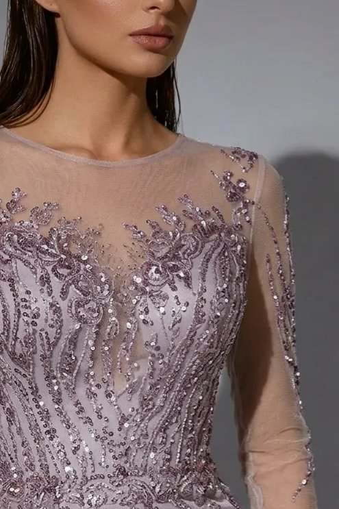 Elegant Pink Embellished Dress with sleeves and Pretty Sequin Dress with Overlay - Pink Sequin Evening Gown Plus Size