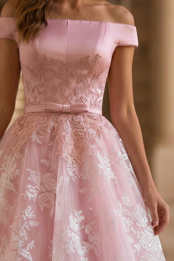 Elegant Pink Lace Off-Shoulder Short Wedding Party Dress - Floral Satin Corset Bridal Gown Plus Size