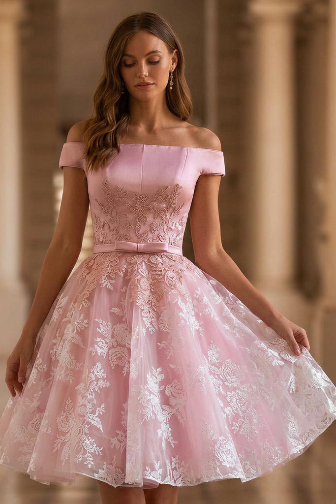 Elegant Pink Lace Off-Shoulder Short Wedding Party Dress