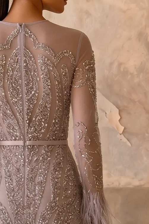 Elegant Pink Sequin and Feather Evening Dress - Pink Beaded Long Sleeve Evening Gown with Feather Trim Plus Size