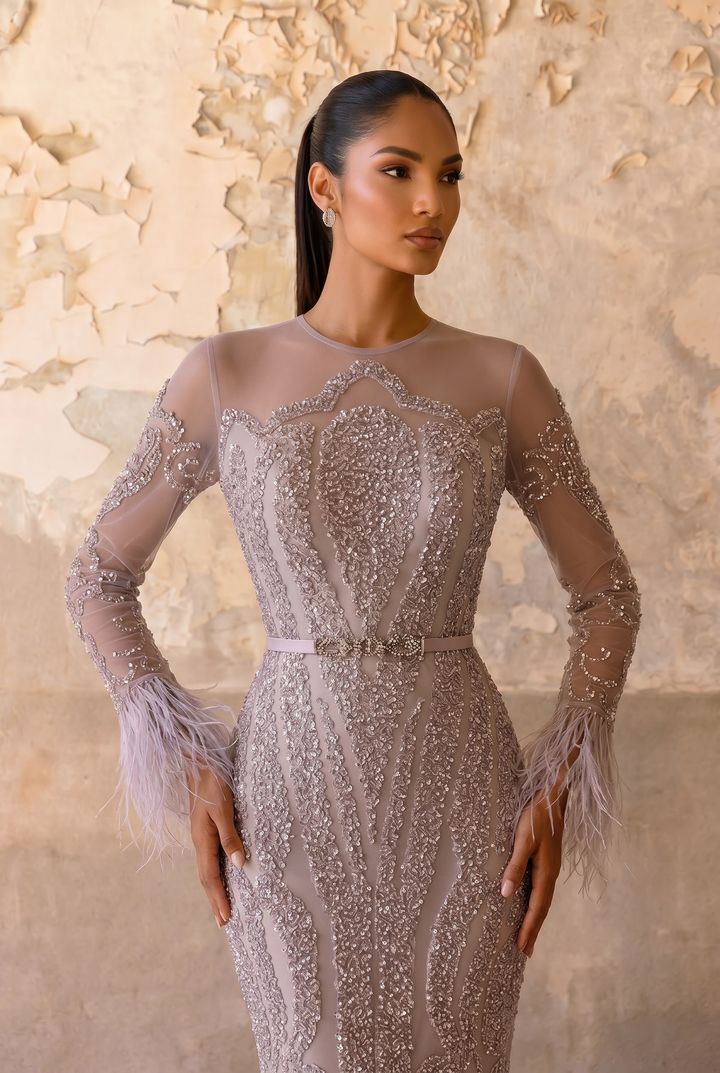 Elegant Pink Sequin and Feather Evening Dress - Pink Beaded Long Sleeve Evening Gown with Feather Trim Plus Size
