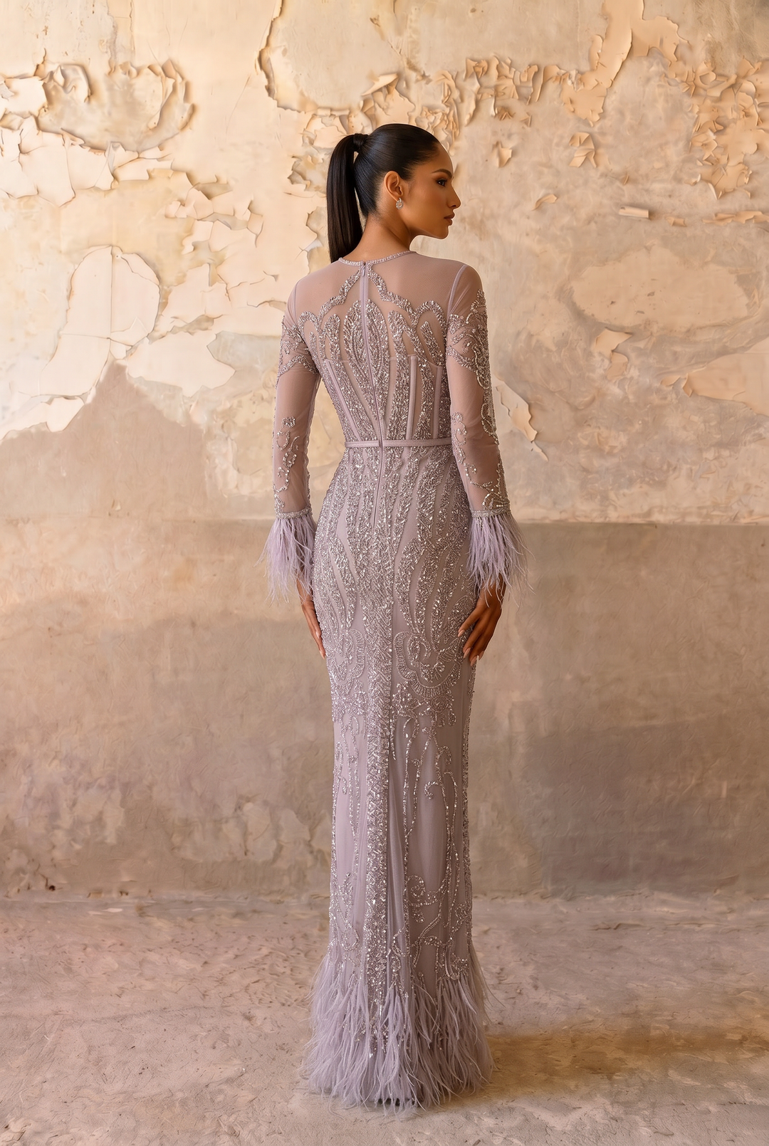 Elegant Pink Sequin and Feather Evening Dress - Pink Beaded Long Sleeve Evening Gown with Feather Trim Plus Size