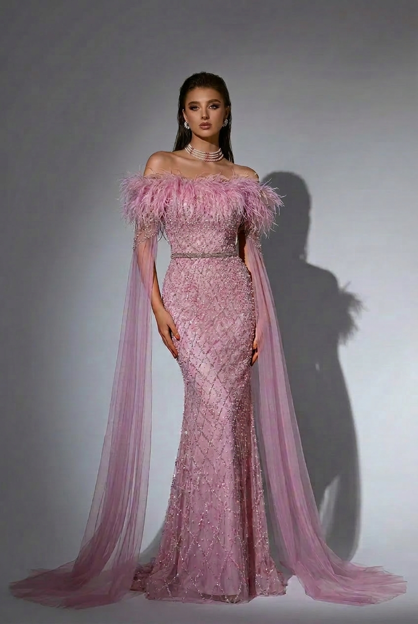Elegant Pink Sequin and Feather Evening Gown