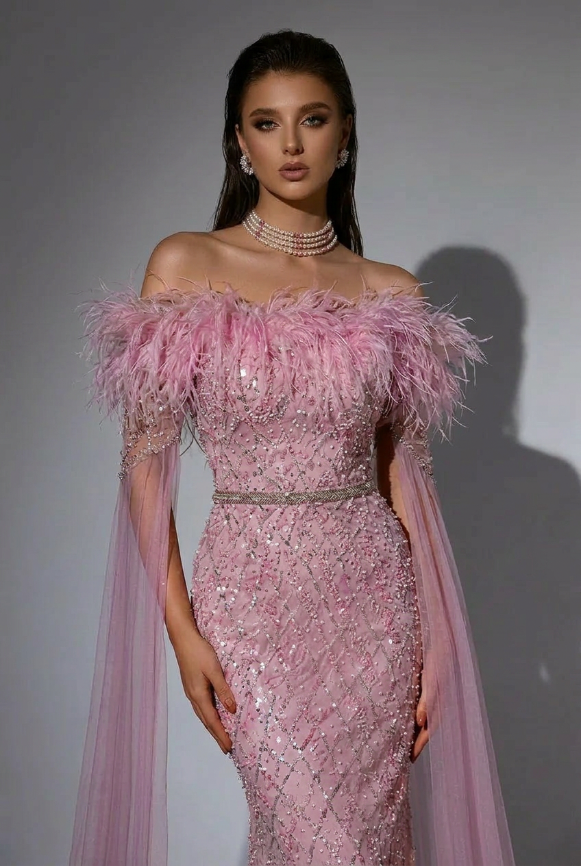 Elegant Pink Sequin and Feather Evening Gown - Pretty Glitter Dress with Dramatic Sleeves Plus Size