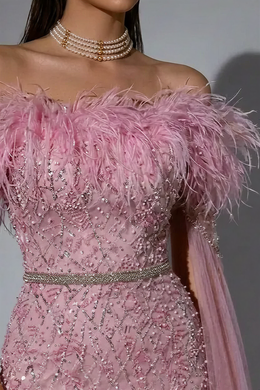 Elegant Pink Sequin and Feather Evening Gown - Pretty Glitter Dress with Dramatic Sleeves Plus Size