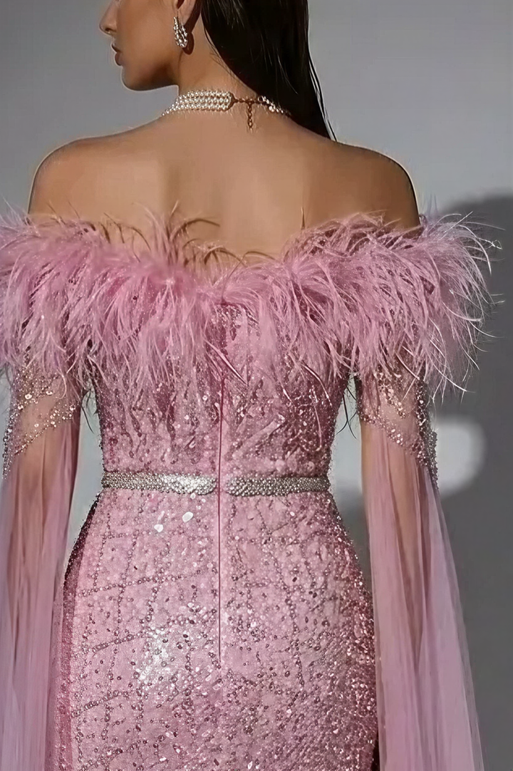 Elegant Pink Sequin and Feather Evening Gown - Pretty Glitter Dress with Dramatic Sleeves Plus Size