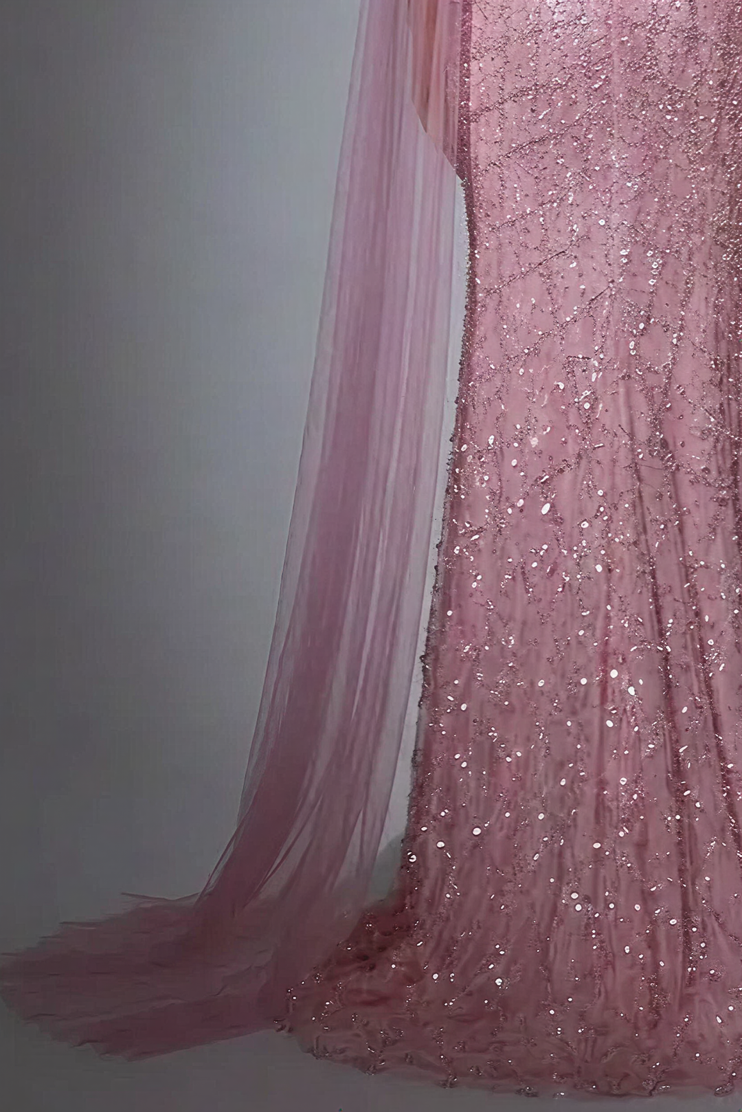 Elegant Pink Sequin and Feather Evening Gown - Pretty Glitter Dress with Dramatic Sleeves Plus Size