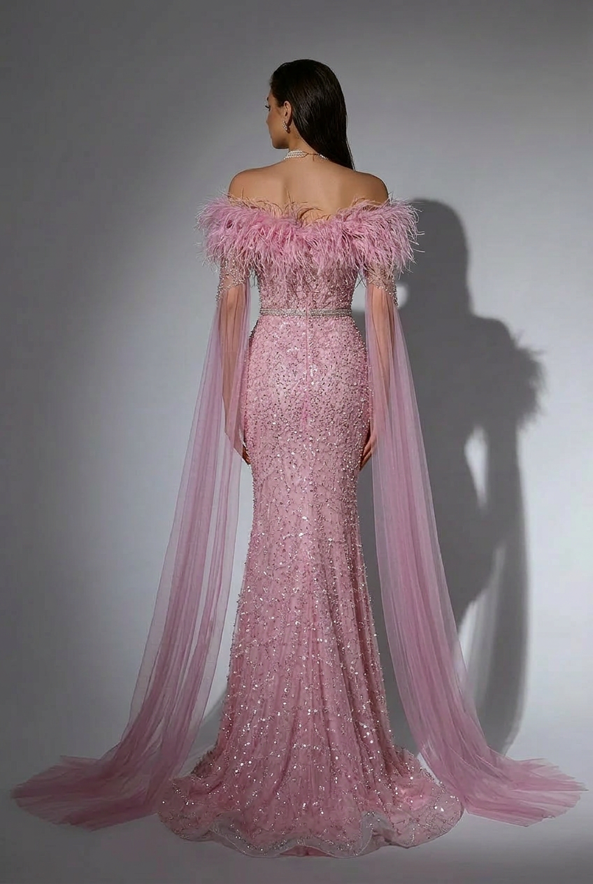 Elegant Pink Sequin and Feather Evening Gown - Pretty Glitter Dress with Dramatic Sleeves Plus Size