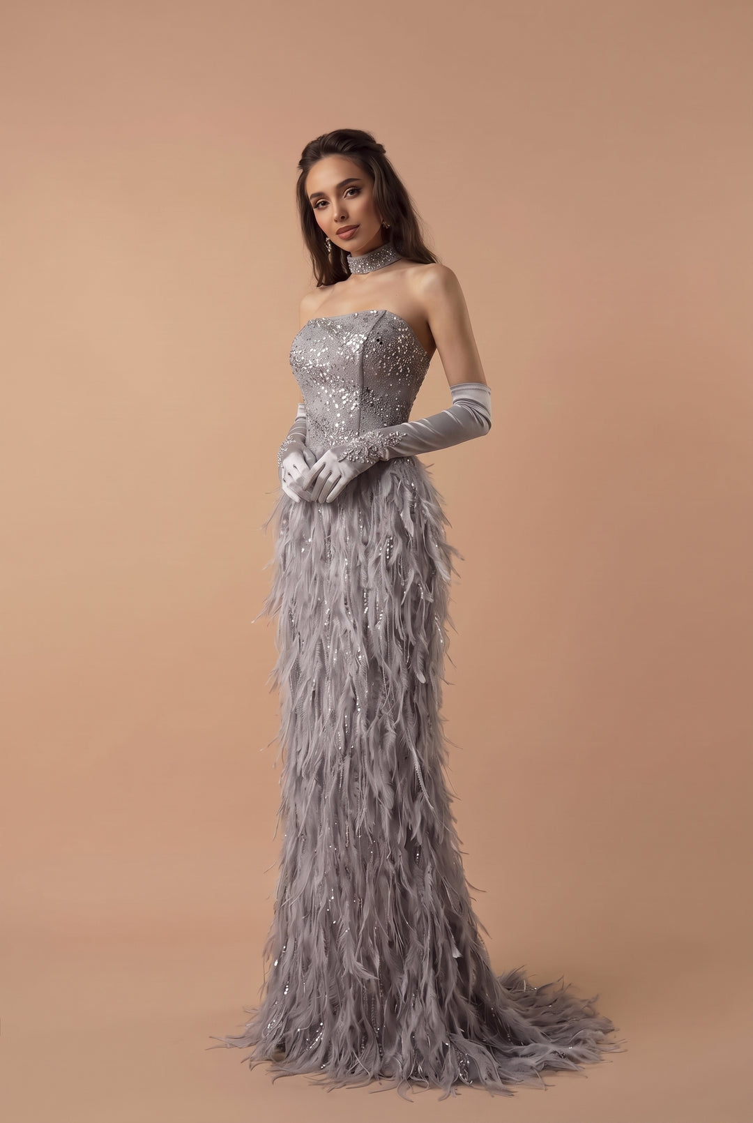 Elegant Silver Gray Sequin and Feather Dress with Corset Back - Strapless Glitter Dress - Off-Shoulder Sequin Dress Plus Size