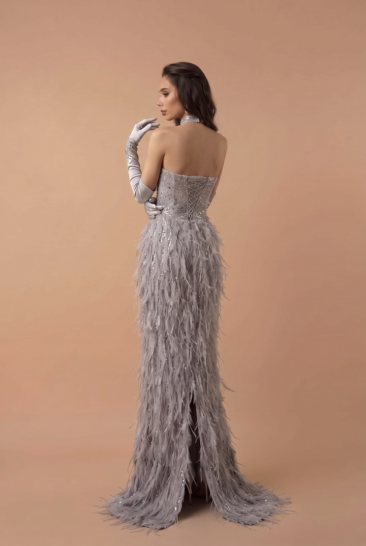 Elegant Silver Gray Sequin and Feather Dress with Corset Back - Strapless Glitter Dress - Off-Shoulder Sequin Dress Plus Size