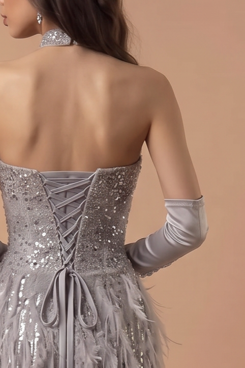Elegant Silver Gray Sequin and Feather Dress with Corset Back - Strapless Glitter Dress - Off-Shoulder Sequin Dress Plus Size