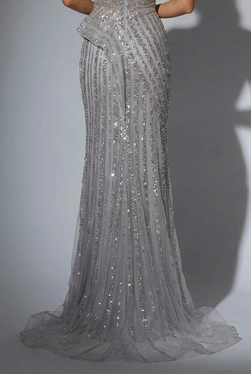 Elegant Silver Sequin One-Shoulder Evening Gown and Silver Glitter Dress - Pretty Sequin Dress with Asymmetrical Design Plus Size