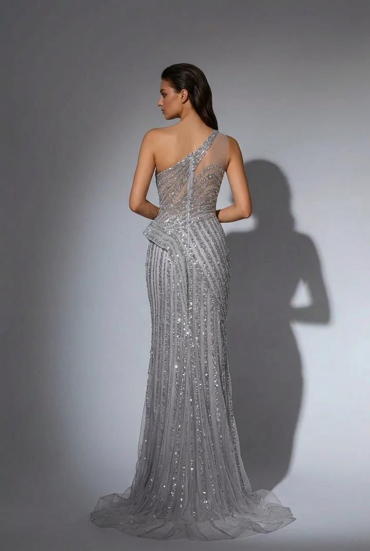 Elegant Silver Sequin One-Shoulder Evening Gown and Silver Glitter Dress - Pretty Sequin Dress with Asymmetrical Design Plus Size