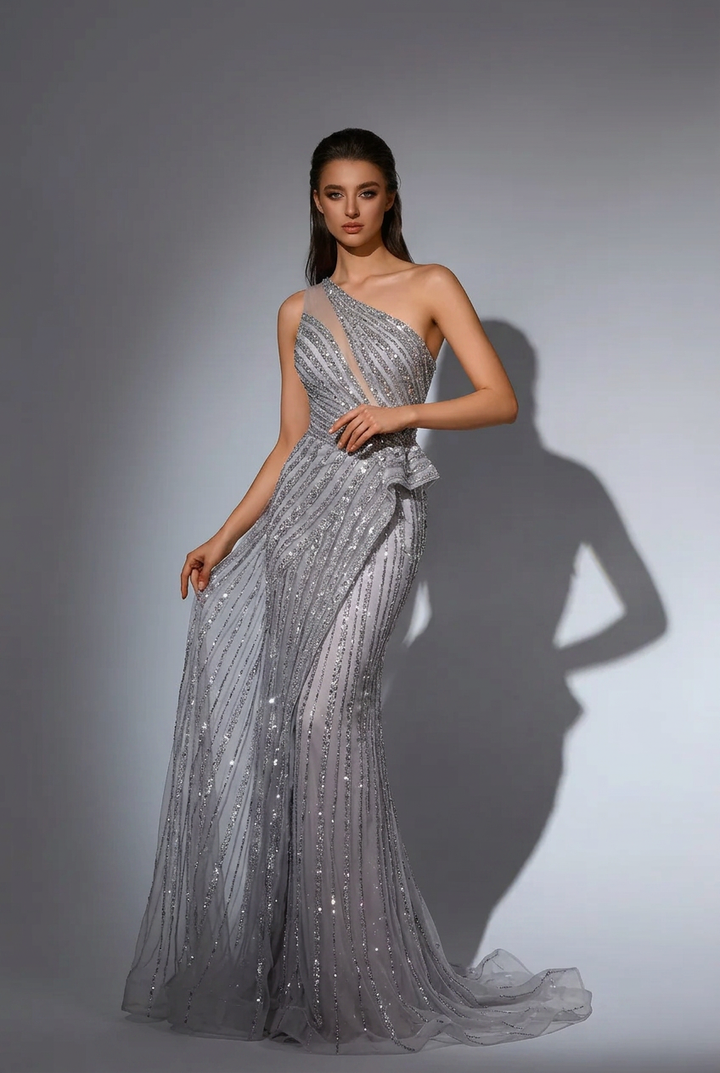 Elegant Silver Sequin One-Shoulder Evening Gown and Silver Glitter Dress - Pretty Sequin Dress with Asymmetrical Design Plus Size