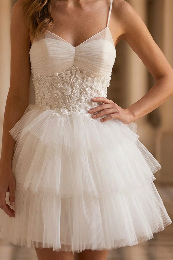 Elegant Tiered Tulle Short Wedding Party Dress - Floral Embellished Corset Bridal Gown Plus Size