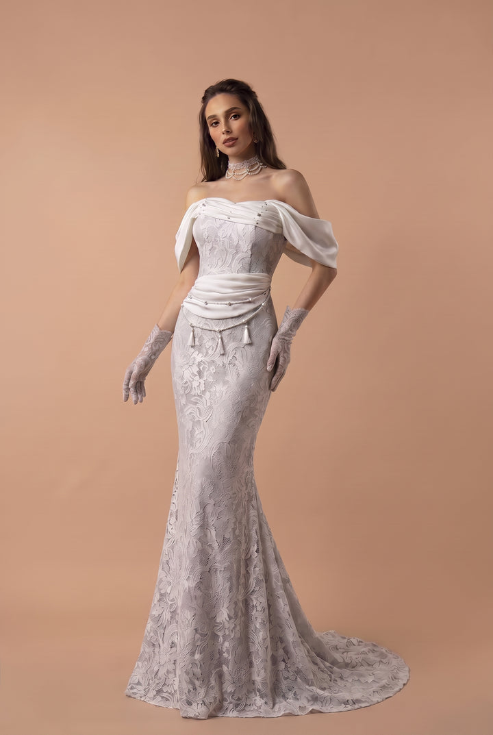 Elegant White Evening Dress with Lace - White Off-Shoulder Gown - Embellished Dress with Corset Back Plus Size