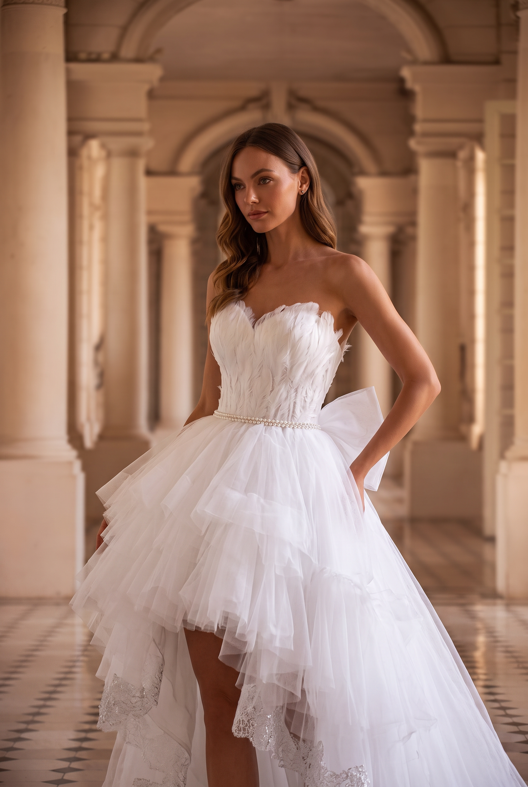 Elegant White Layered Tulle Ruffle Dress - Feather-Accented High-Low Wedding Dress Plus Size