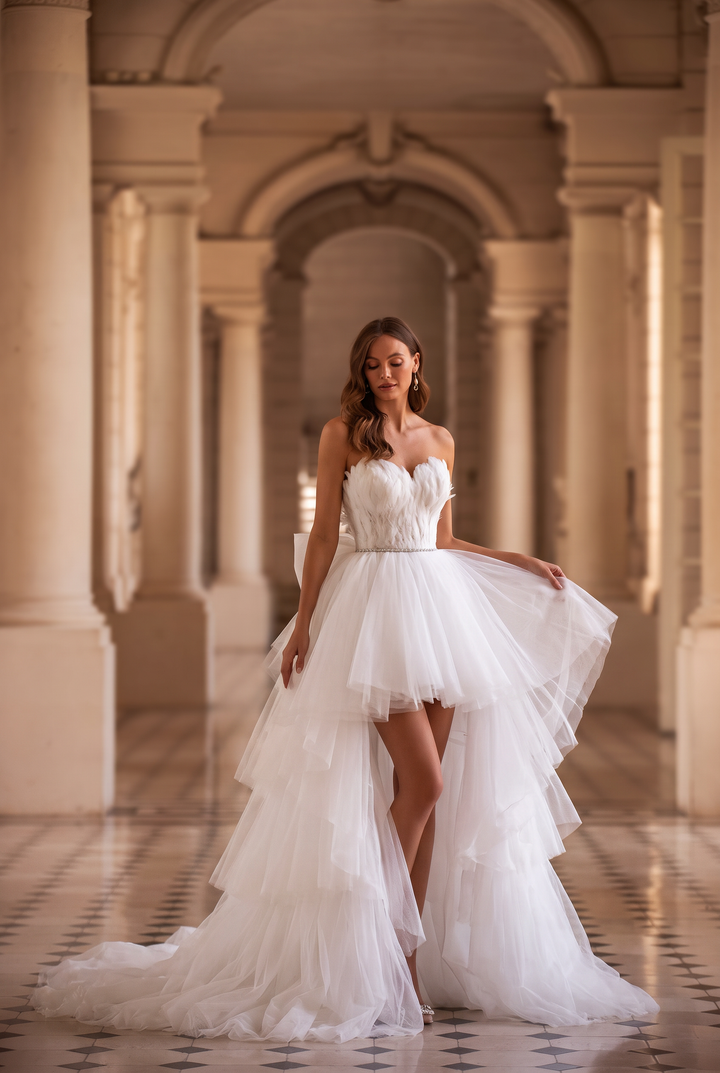 Elegant White Layered Tulle Ruffle Dress - Feather-Accented High-Low Wedding Dress Plus Size