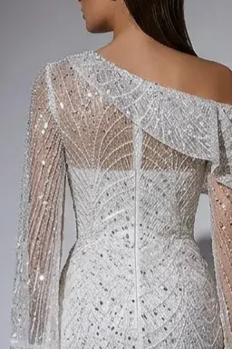 Elegant White One-Shoulder Sequin Dress - Pretty Beaded Gown with Asymmetrical Design - Sequin Evening Gown Plus Size