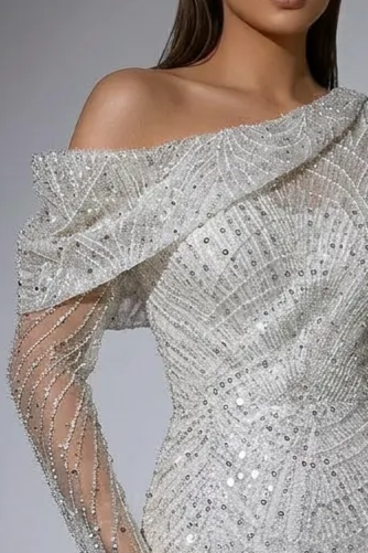 Elegant White One-Shoulder Sequin Dress - Pretty Beaded Gown with Asymmetrical Design - Sequin Evening Gown Plus Size