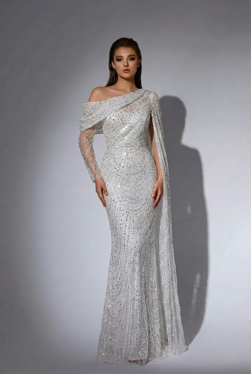 one shoulder white sequin dress Ambrely One-Shoulder Sequin Maxi Dress White