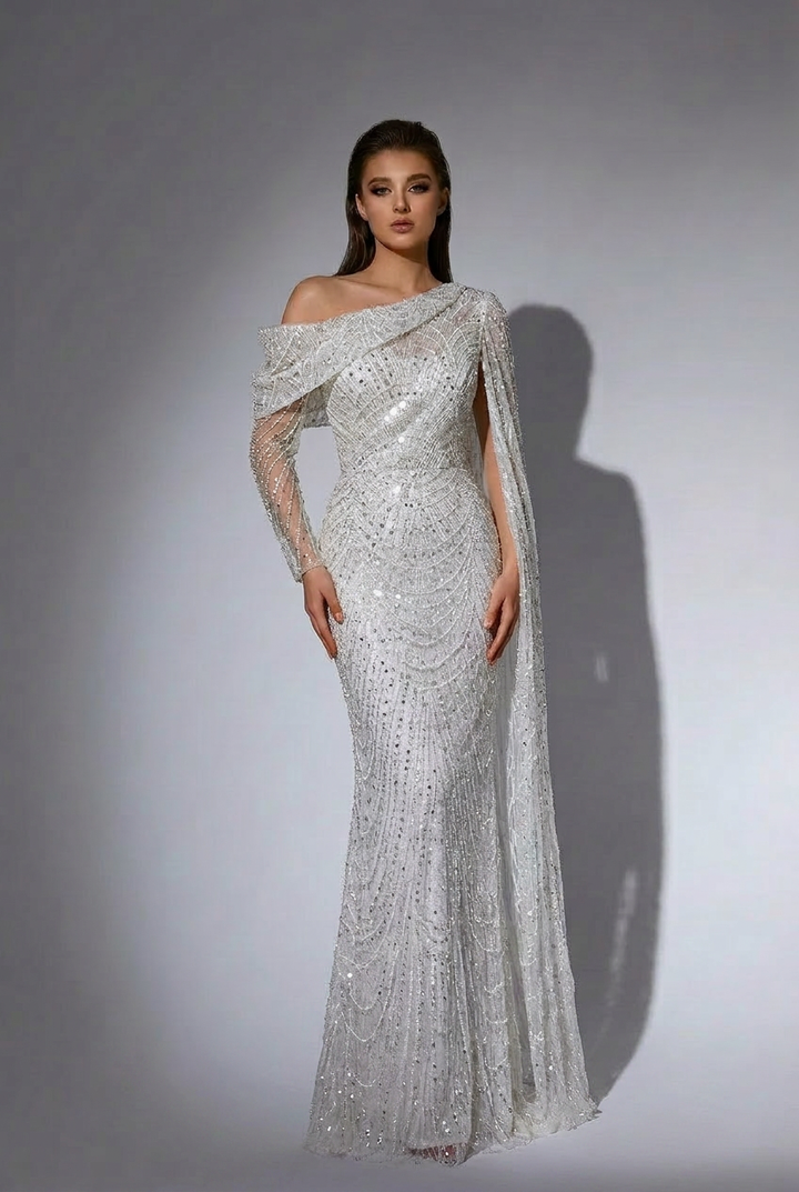Elegant White One-Shoulder Sequin Dress - Pretty Beaded Gown with Asymmetrical Design - Sequin Evening Gown Plus Size