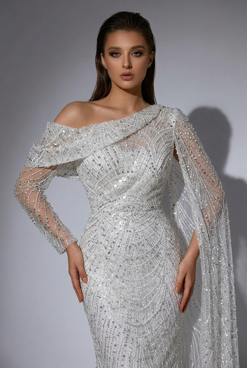 Elegant White One-Shoulder Sequin Dress - Pretty Beaded Gown with Asymmetrical Design - Sequin Evening Gown Plus Size