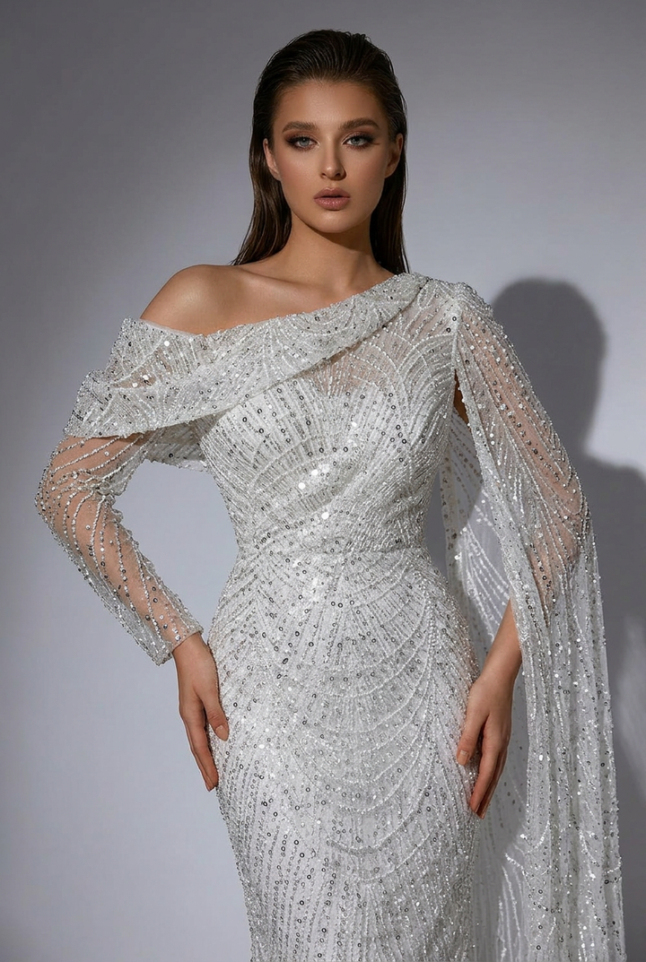 Elegant White One-Shoulder Sequin Dress - Pretty Beaded Gown with Asymmetrical Design - Sequin Evening Gown Plus Size