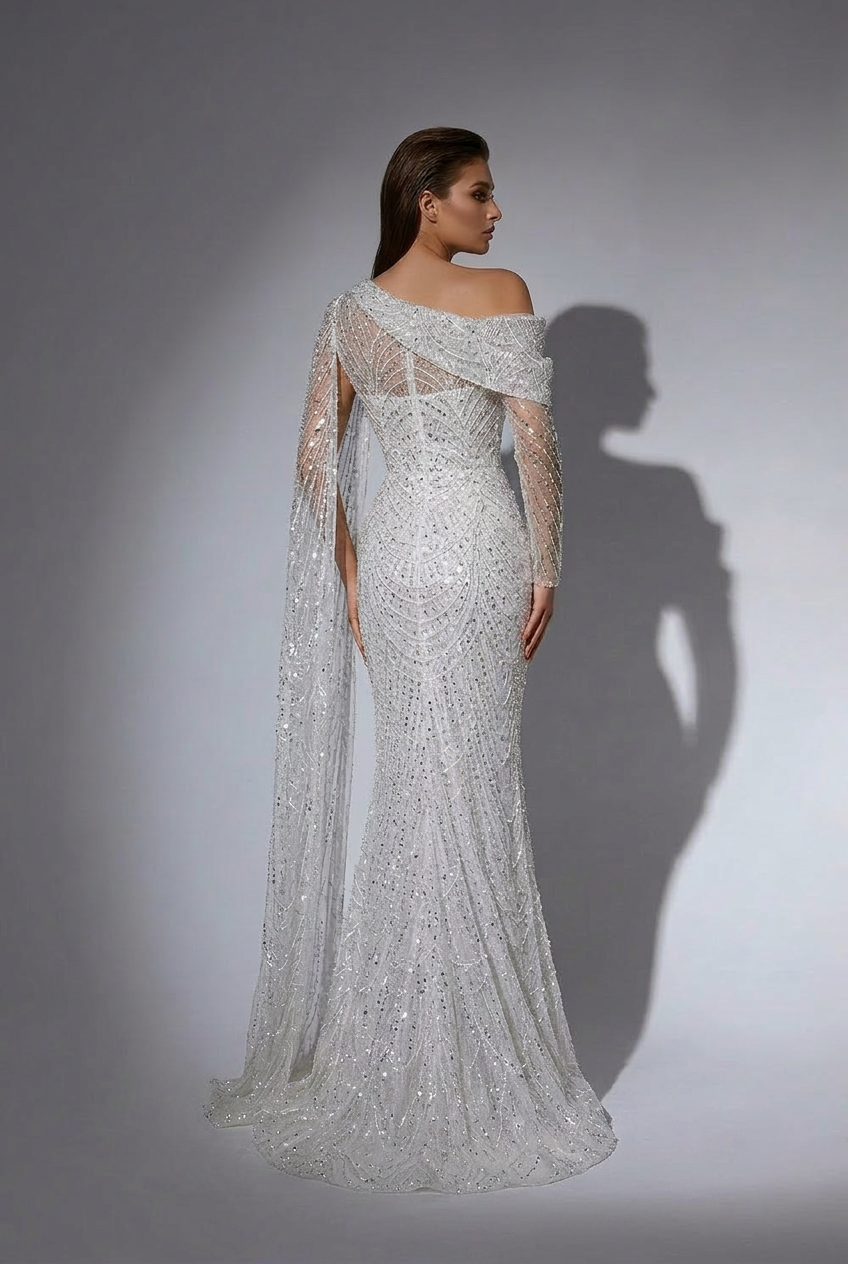 white one shoulder dress plus size L I V D Spade Cape creating a stunning bridal or wedding guest look. Harper One Shoulder Gown -