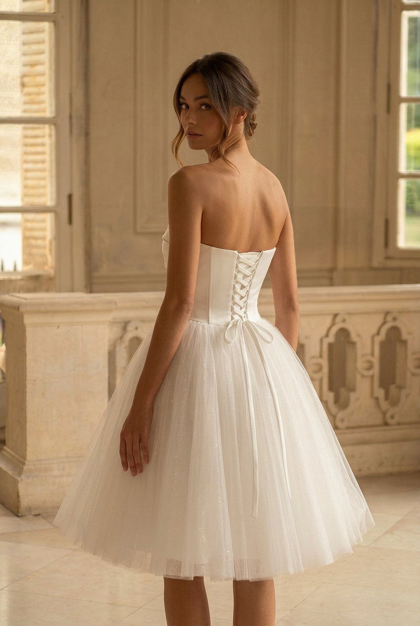 Elegant White Strapless Short Wedding Party Dress - Tulle and Satin Co   WonderlandByLilian