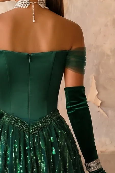 Emerald Green Off-the-Shoulder Corset Ball Gown with Hand-Beaded Sequin Embroidery – Luxury Evening Dress Plus Size