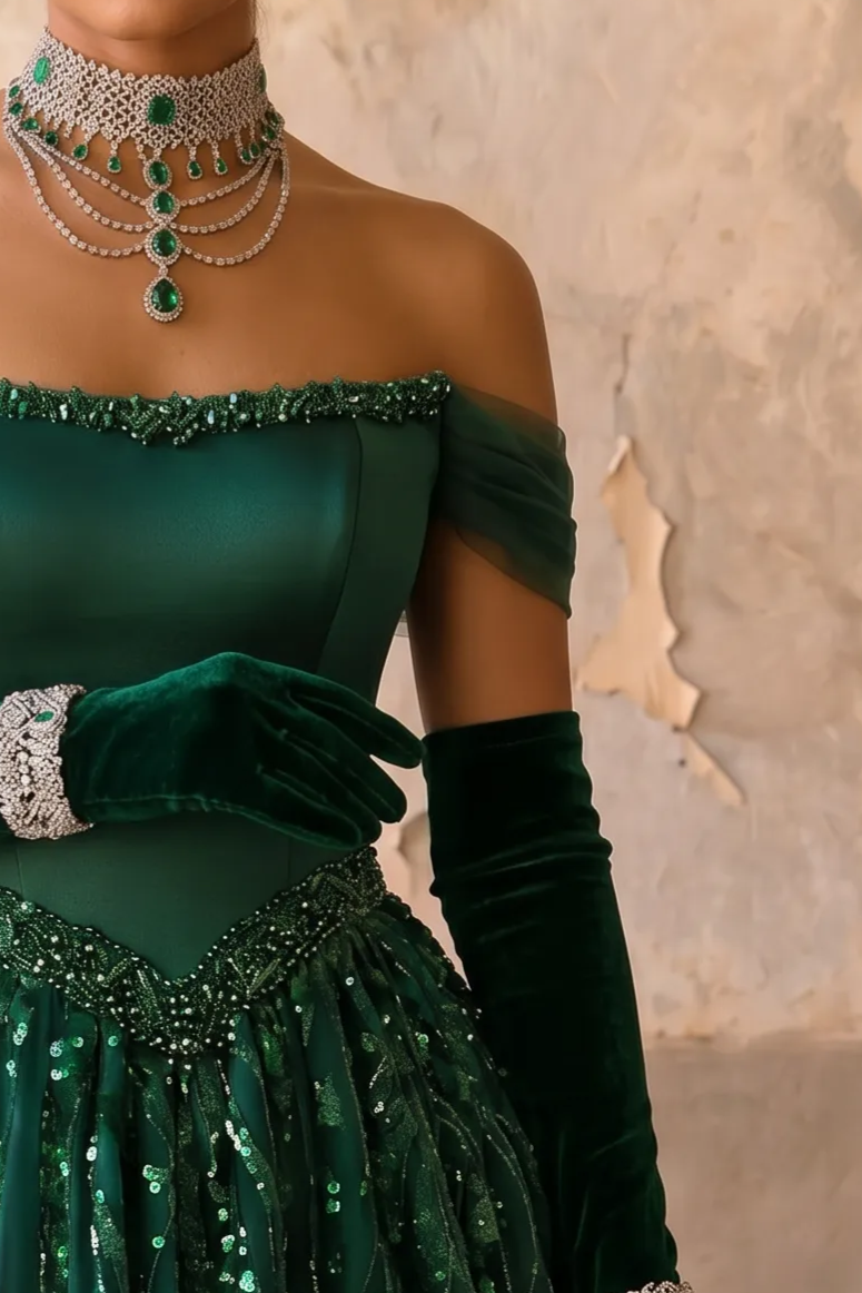 Emerald Green Off-the-Shoulder Corset Ball Gown with Hand-Beaded Sequin Embroidery – Luxury Evening Dress Plus Size