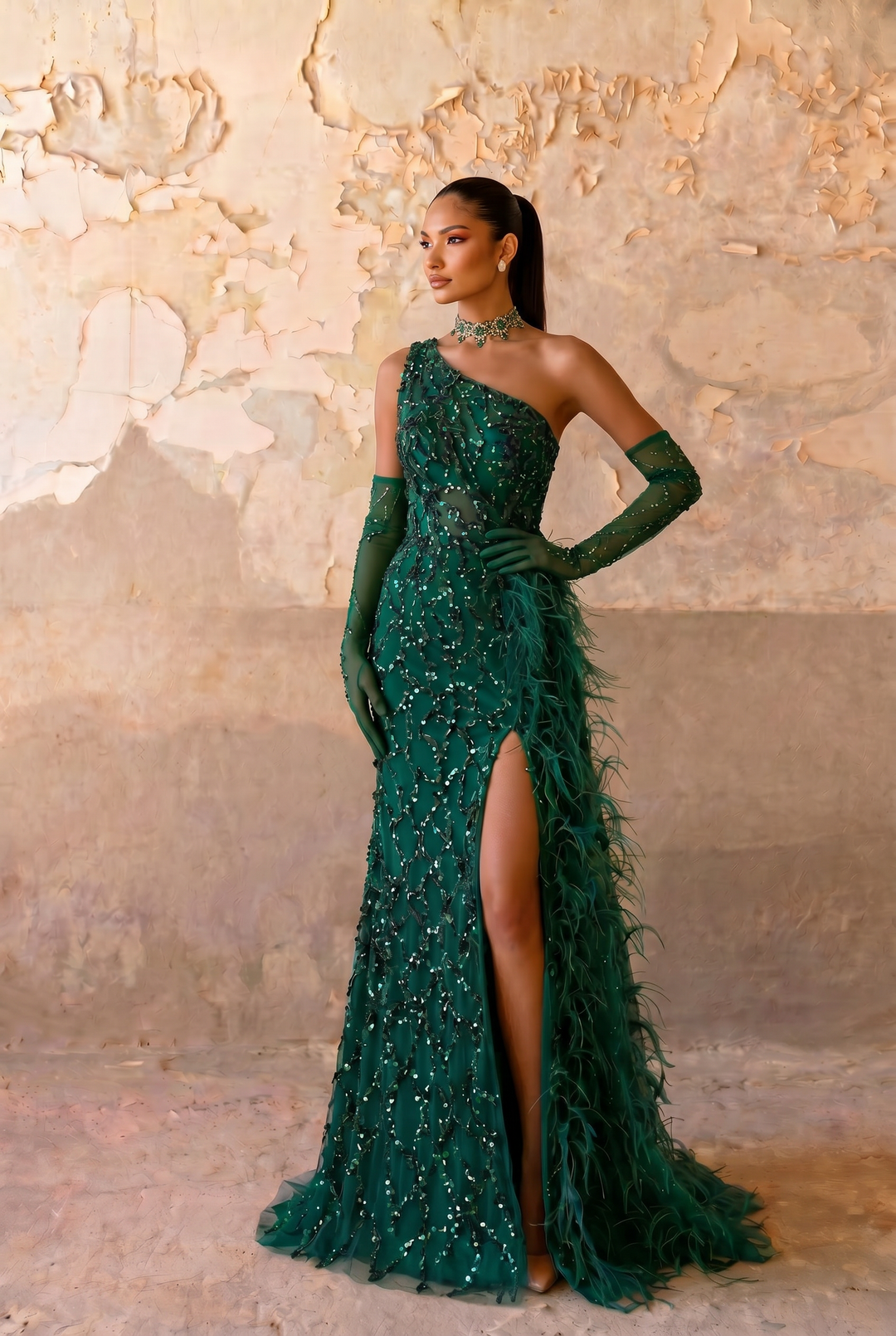 Emerald Green One-Shoulder Evening Gown with Feather Detail, High Slit and Matching Gloves – Formal Dress Plus Size