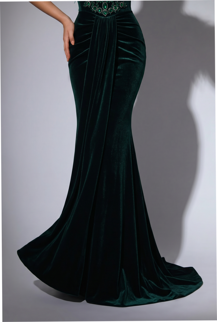 Emerald Green Velvet Evening Gown with Off-the-Shoulder Feather Neckline, Crystal Embellished Bodice and Choker Plus Siz