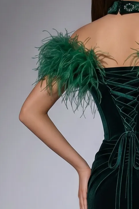 Emerald Green Velvet Evening Gown with Off-the-Shoulder Feather Neckline, Crystal Embellished Bodice and Choker Plus Siz
