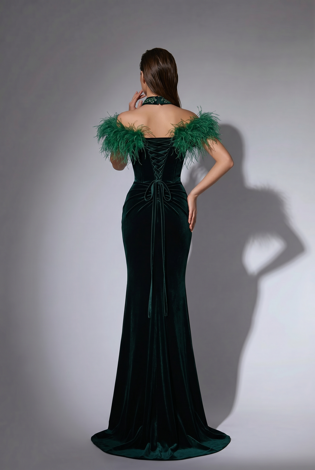 Emerald Green Velvet Evening Gown with Off-the-Shoulder Feather Neckline, Crystal Embellished Bodice and Choker Plus Siz