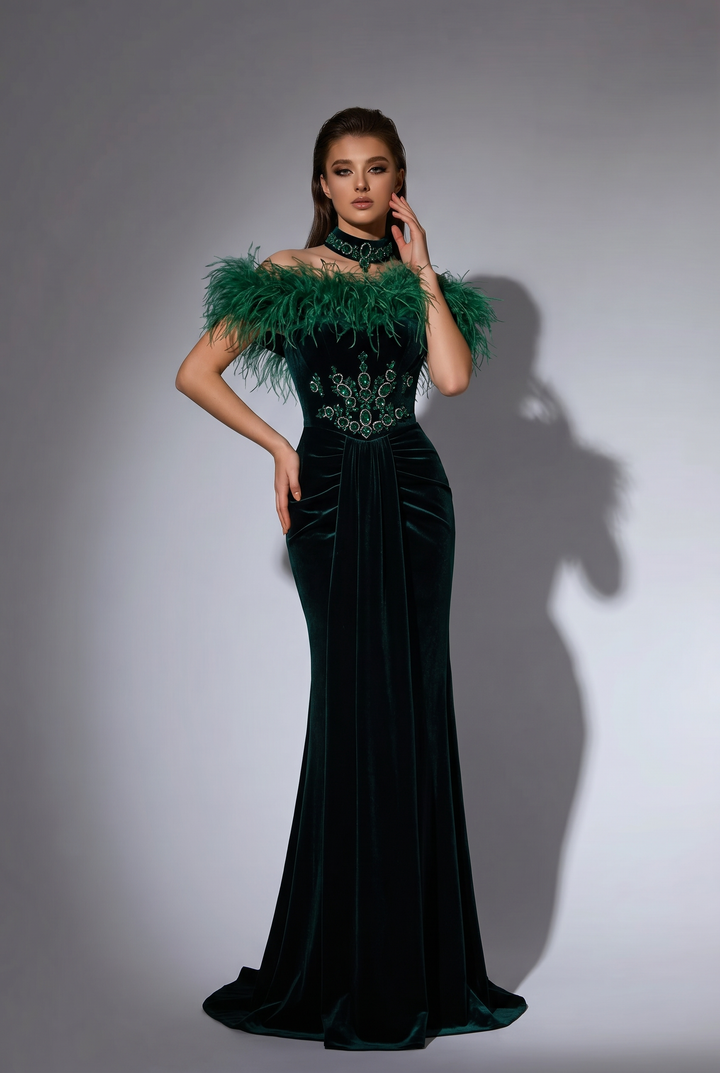 Emerald Green Velvet Evening Gown with Off-the-Shoulder Feather Neckline, Crystal Embellished Bodice and Choker Plus Siz